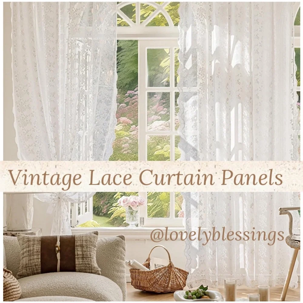 Vintage Lace Curtain Panels Set of 2 White Floral Cottage Lace Curtains Bundle